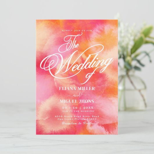 Invitation Mariage d'aquarelle rose et orange moderne Invi (Debout devant)