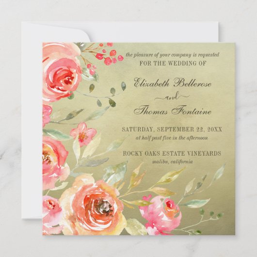 Invitation Mariage d'aquarelle Rose fleur sauvage (Devant)