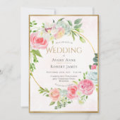 Invitation Mariage d'aquarelle rose Floral Or (Devant)