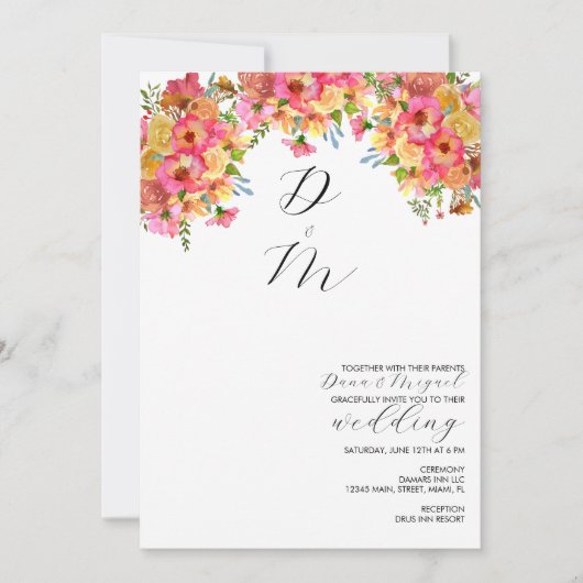 Invitation Mariage d'aquarelle rose jaune brillant (Devant)
