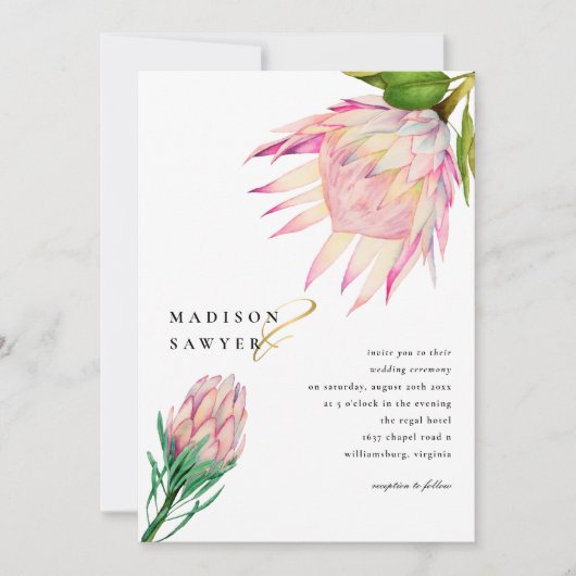 Invitation Mariage d'aquarelle rose King Protea (Devant)