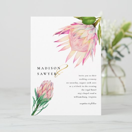 Invitation Mariage d'aquarelle rose King Protea (Debout devant)