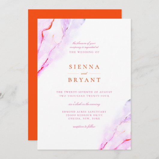 Invitation Mariage d'aquarelle rose orange (Devant / Derrière)