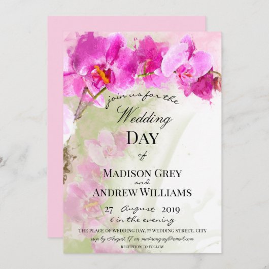 Invitation Mariage d'aquarelle rose orchidée (Devant / Derrière)