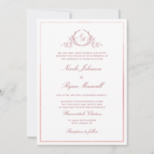 Invitation Mariage d'aquarelle rose pâle Chic (Devant)