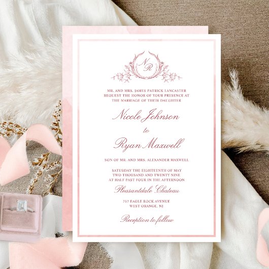 Invitation Mariage d'aquarelle rose pâle Chic