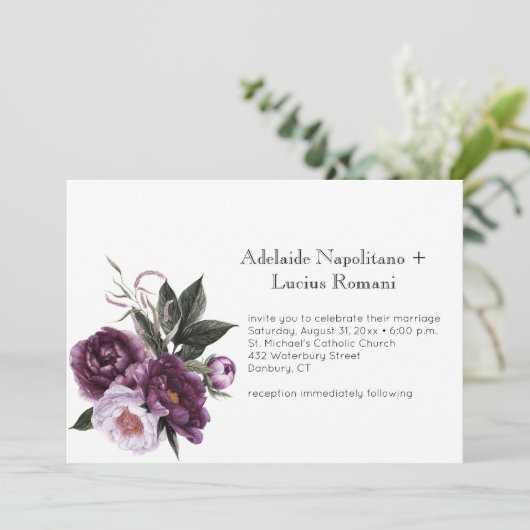 Invitation Mariage d'aquarelle rose prune violet | (Debout devant)