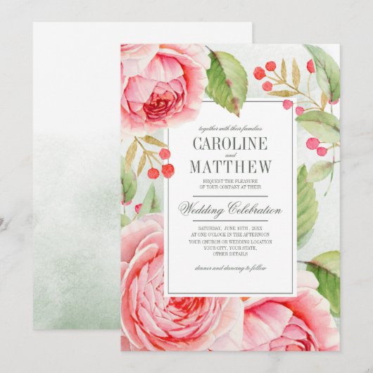 Invitation Mariage d'aquarelle Rose romantique (Devant / Derrière)