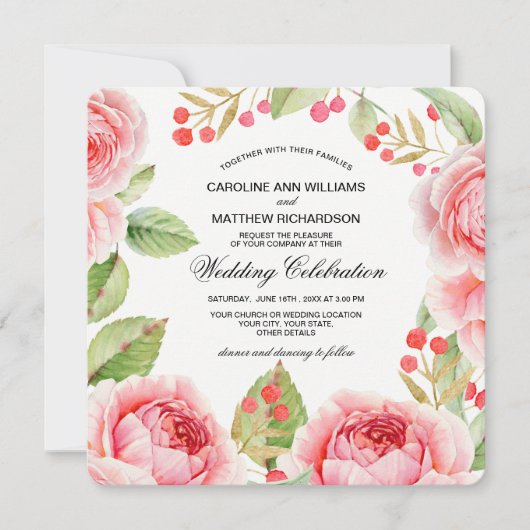 Invitation Mariage d'aquarelle Rose romantique (Devant)