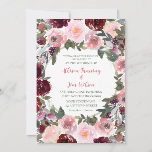 Invitation Mariage d'aquarelle rose rose bordeaux (Devant)