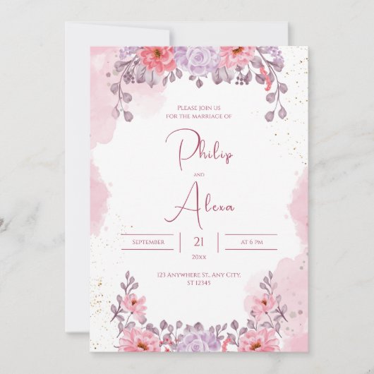 Invitation Mariage d'aquarelle rose rose Rose (Devant)