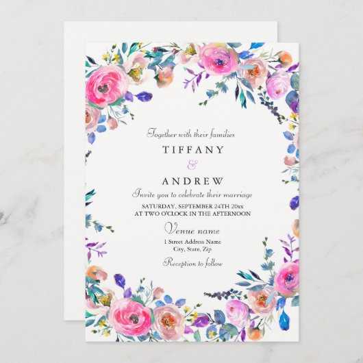 Invitation Mariage d'aquarelle rose tropicale (Devant / Derrière)