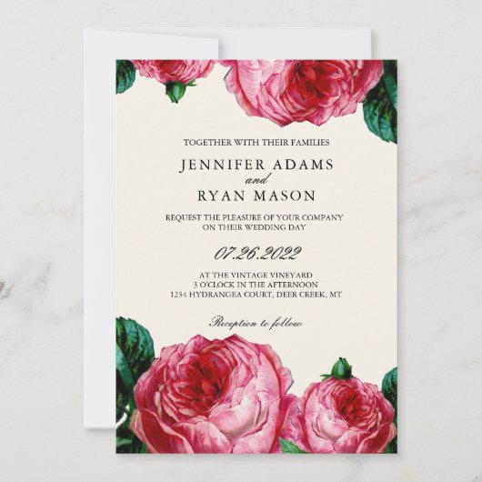 Invitation Mariage d'aquarelle rose vintage (Devant)