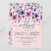Invitation Mariage d'aquarelle rose violet (Devant / Derrière)