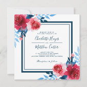 Invitation Mariage d'aquarelle rouge et bleu (Devant)