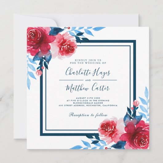 Invitation Mariage d'aquarelle rouge et bleu (Devant)