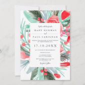 Invitation mariage d'aquarelle rouge vert d'hiver moderne (Devant)
