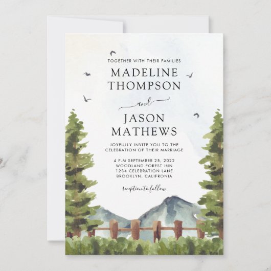 Invitation Mariage d'aquarelle rustique de Forest Mountain (Devant)