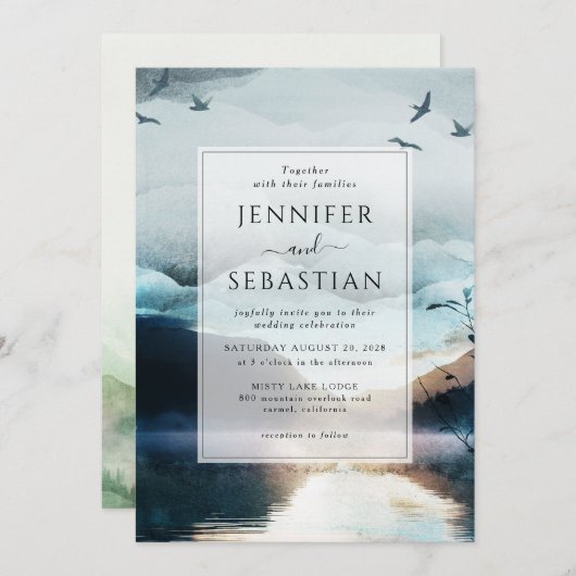 Invitation Mariage d'aquarelle rustique Mountain Lake (Devant / Derrière)