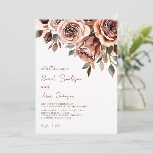 Invitation Mariage d'aquarelle rustique Rose brûlé (Debout devant)