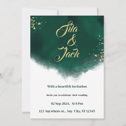 Invitation mariage d'aquarelle tendance vert et or (Devant)