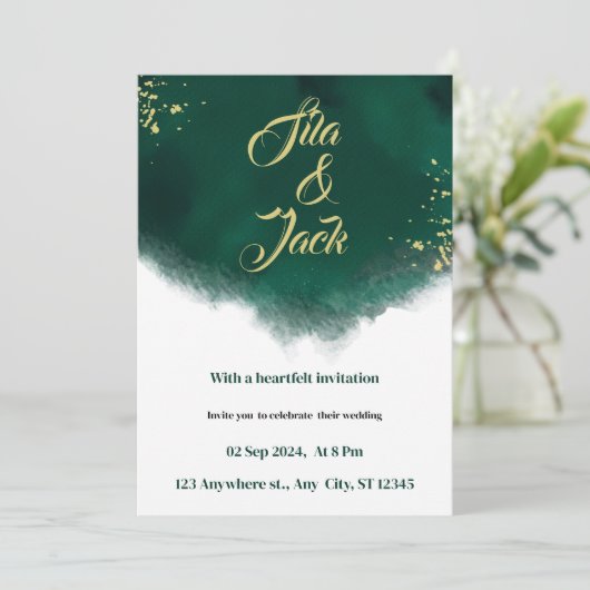 Invitation mariage d'aquarelle tendance vert et or (Debout devant)