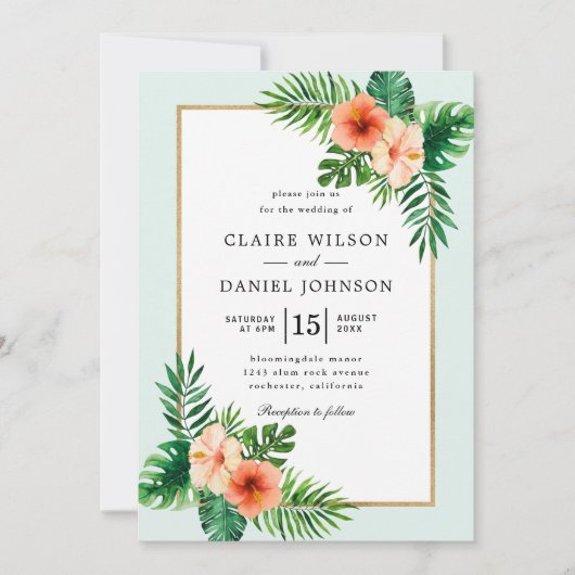 Invitation Mariage d'aquarelle tropicale moderne Mint Green (Devant)