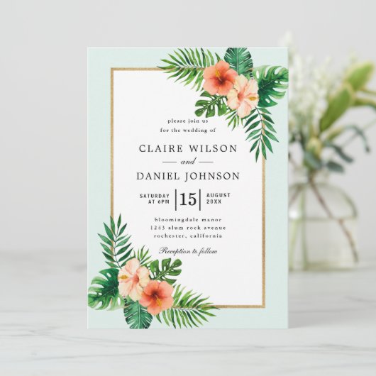 Invitation Mariage d'aquarelle tropicale moderne Mint Green (Debout devant)