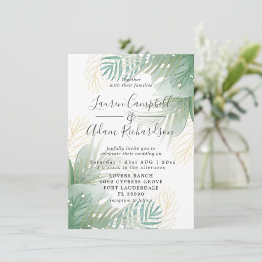 Invitation Mariage d'aquarelle tropicale verte (Debout devant)