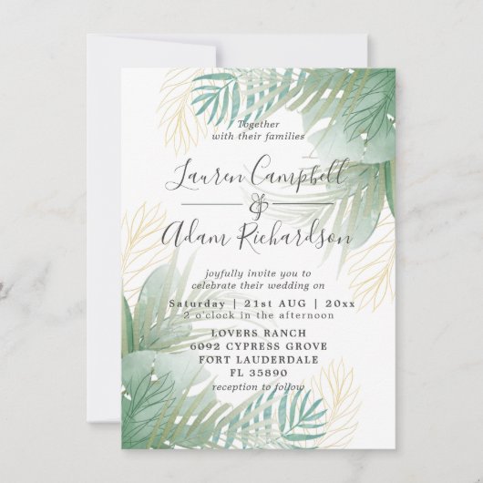 Invitation Mariage d'aquarelle tropicale verte (Devant)