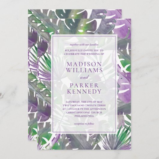 Invitation Mariage d'aquarelle tropicale violet (Devant / Derrière)