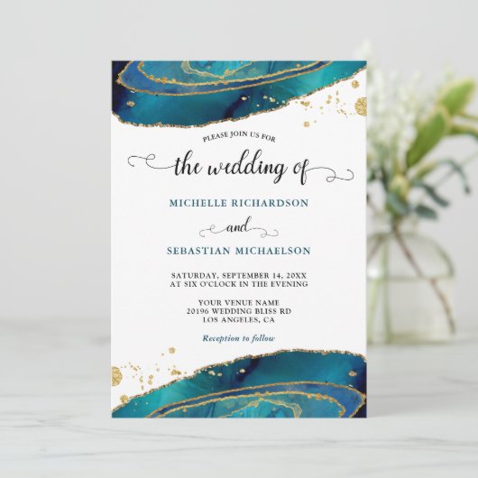 Invitation Mariage d'aquarelle turquoise Gold Agate (Debout devant)