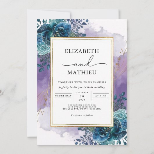 Invitation Mariage d'aquarelle Turquoise profonde (Devant)