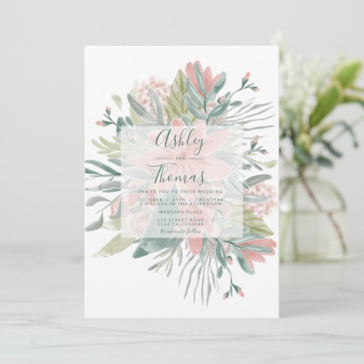 Invitation Mariage d'aquarelle végétale rose vert (Debout devant)