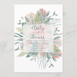 Invitation Mariage d'aquarelle végétale rose vert