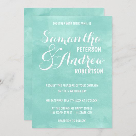 Invitation Mariage d'aquarelle vert aqua moderne (Devant / Derrière)