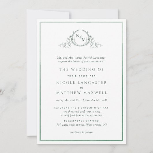 Invitation Mariage d'aquarelle vert de monogramme (Devant)