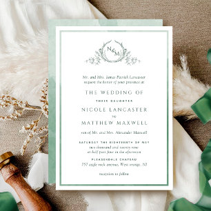 Invitation Mariage d'aquarelle vert de monogramme