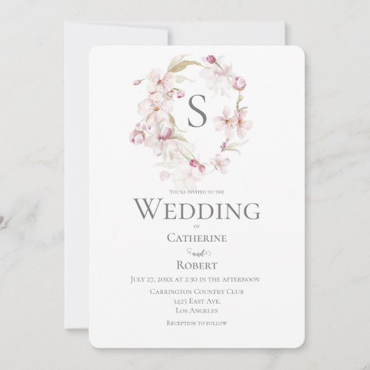 Invitation Mariage d'aquarelle vert de script floral Monogram (Devant)