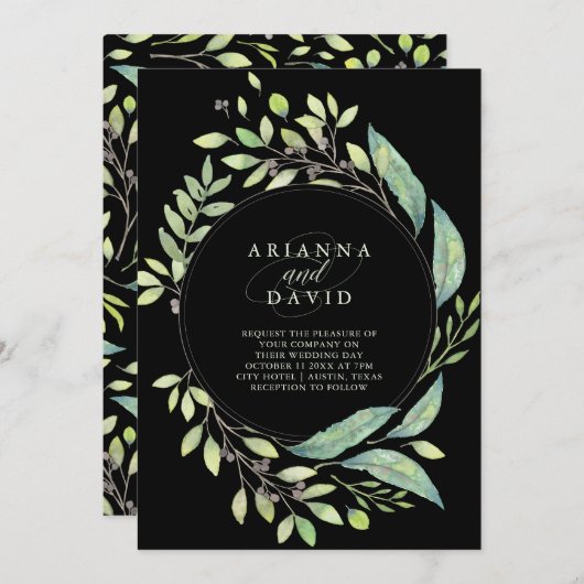 Invitation Mariage d'aquarelle vert feuilles | Black (Devant / Derrière)