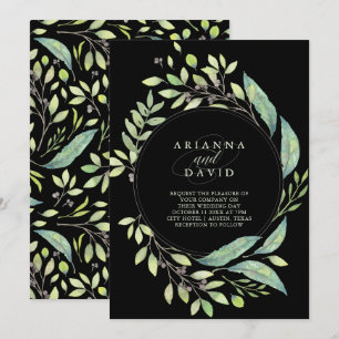 Invitation Mariage d'aquarelle vert feuilles   Black