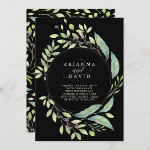 Invitation Mariage d'aquarelle vert feuilles  Noir