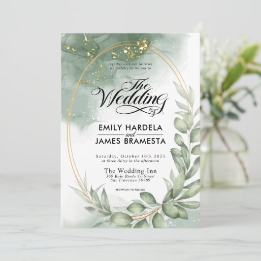 Invitation Mariage d'aquarelle vert ovale vert vert cadre or (Debout devant)