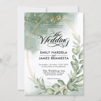Invitation Mariage d'aquarelle vert ovale vert vert cadre or