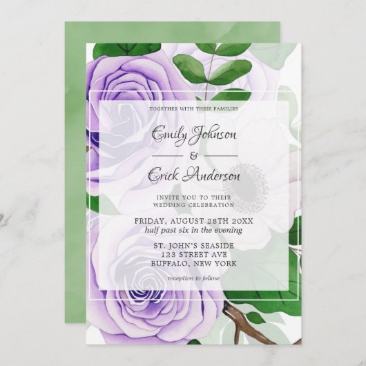 Invitation Mariage d'aquarelle vert Rose violet (Devant / Derrière)