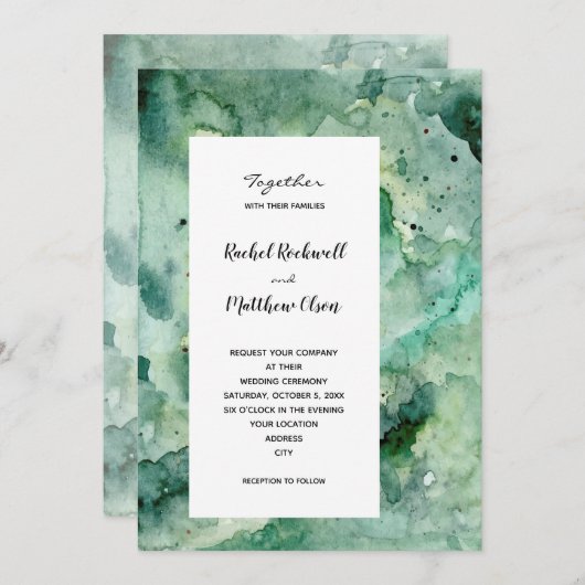 Invitation Mariage d'aquarelle verte moderne (Devant / Derrière)