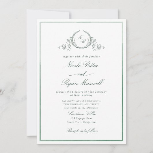 Invitation Mariage d'aquarelle verte Monogramme classique (Devant)