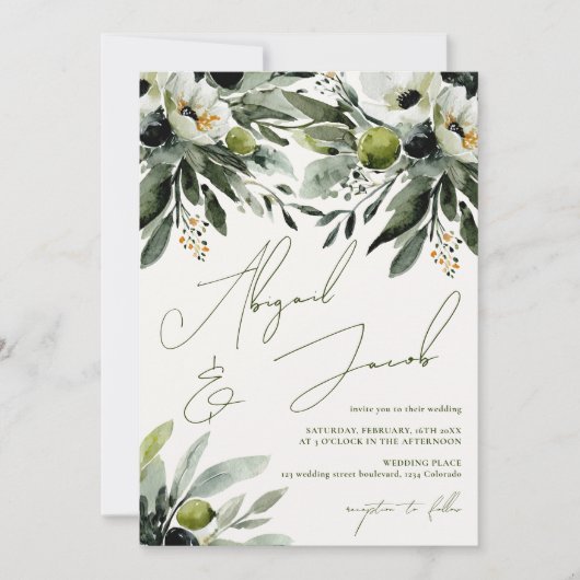 Invitation Mariage d'aquarelle verte Olive tout en un (Devant)