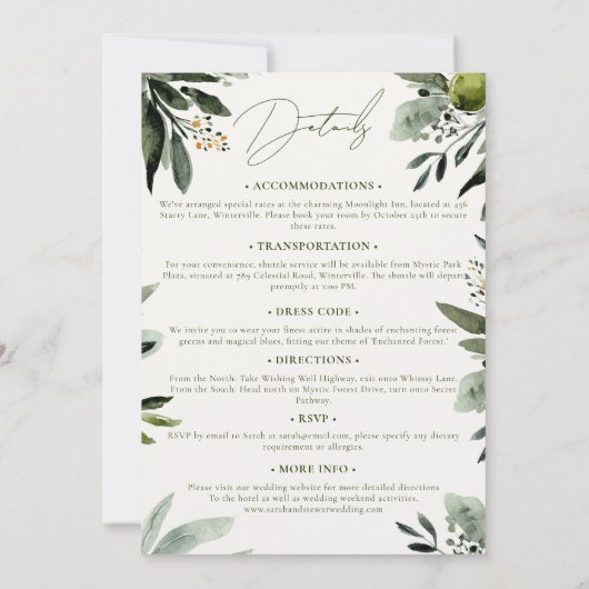 Invitation Mariage d'aquarelle verte Olive tout en un (Dos)