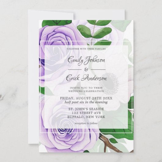 Invitation Mariage d'aquarelle verte Rose violet dans (Devant)